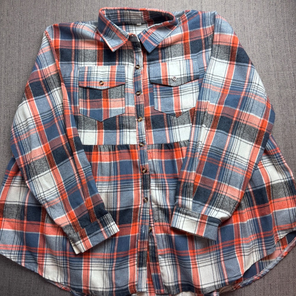 Blue Orange Plaid Babydoll Button Down Shirt Long Sleeve Peplum Top Womens 2XL